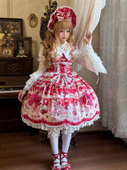 Red Flutter Sleeves Strawberry Cake Print Sweet Lolita JSK Dress+Blouse+Bonnet+KC+Wrist Cuffs Full Set