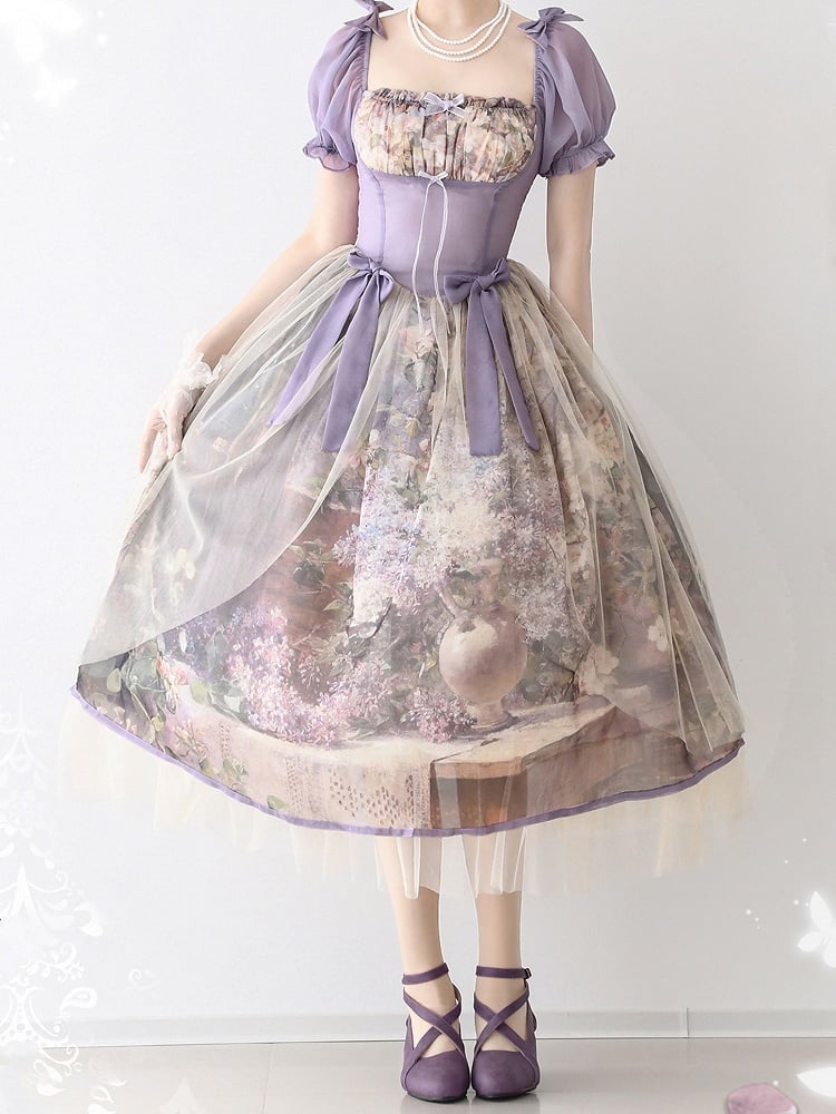 Purple and Beige Overlay Floral Print Basque Waist Lolita Dress