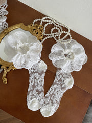 White Floral Pattern Semi-Sheer Socks with Embroidered Wide Trim
