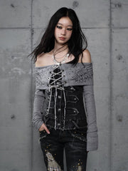 Vintage Grey Punk Knit Top with Denim Panels & Off-Shoulder Design