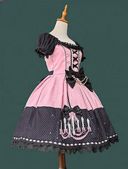 Pink & Black Polka Dot Sweet Lolita Dress with Chandelier Print and Lace Trim
