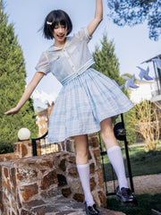 White Sailor Collar Blue Buttons Summer Top