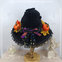 Halloween Pumpkins Lace Trim Black Witch Hat