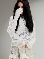 White Vintage Punk Off-Shoulder Totem Print Knit Top with Drop Shoulder Sleeves