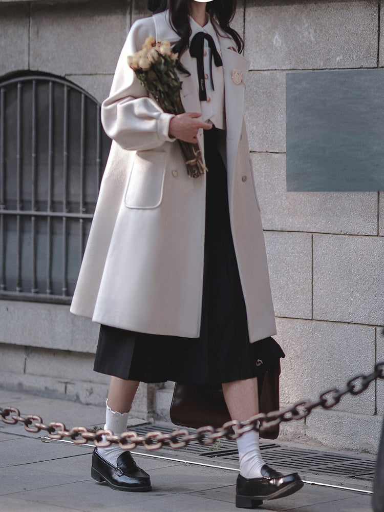 White Long Woolen Coat with Notched Collar & Double Breasted Design