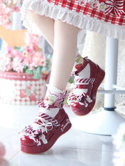 Wine Red Sweet Mary Janes for Lolita - Heart-shaped Fastener with Bowknot Details & Cat Print