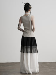 Urban Goth Black and White Patchwork A-Line Skirt with Tassel Decor