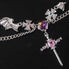 Y2K Silver Rhinestone and Wings Necklace with Cross Pandent