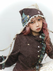 Mori Kei Green Plaid & Brown Colorblock Earflap Hat with Lace Trim and Button Accents
