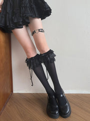 White/Black/Gray/Apricot Bowknot Details Lace Ruffled Trims Underknee Stockings