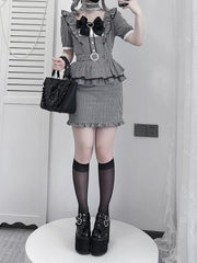 Ladylike Elegance Jirai Kei Dress: Black Plaid Bodycon featuring Defining Puff Ruffles