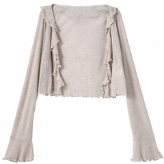 Grey Ruffle Trim Open Placket Cardigan