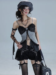 Gothic Punk Gray Polka Dot Cami Top with Lace Patchwork & Crisscross Lacing