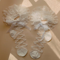 White Lolita Multi-Layered Lace Strap Pattern Semi-Sheer Socks with Bow Decoration
