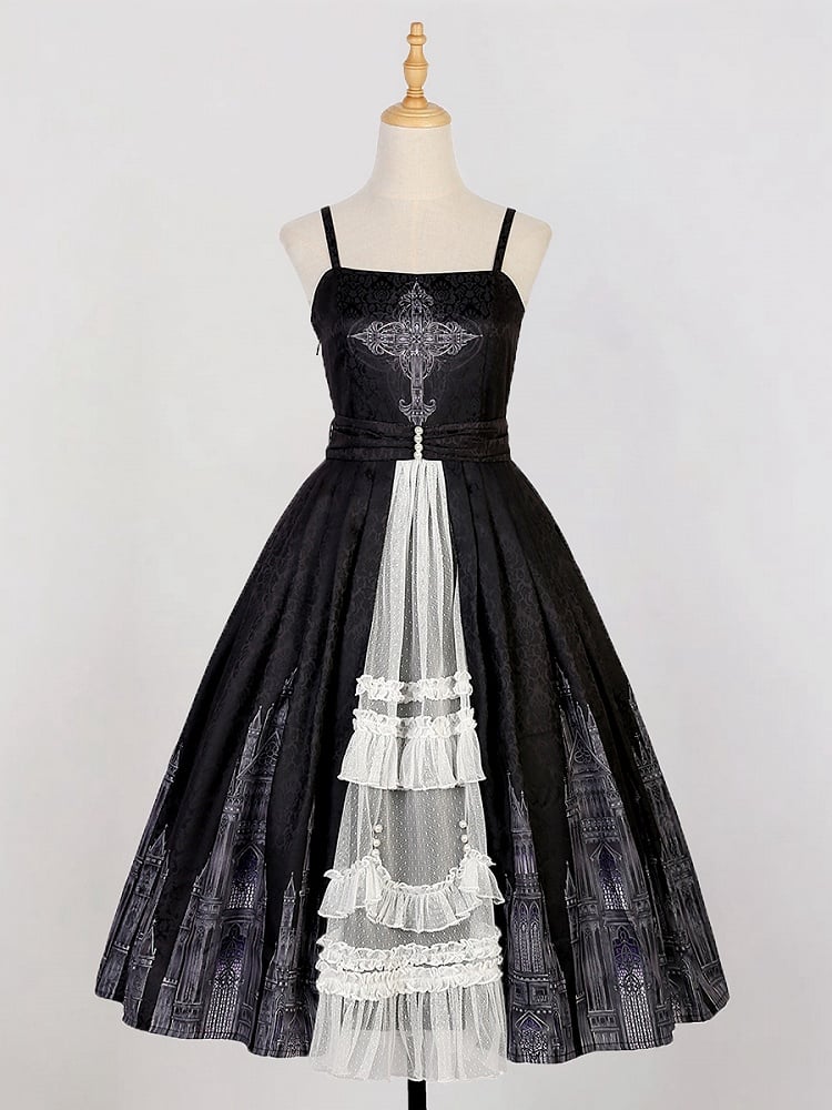 Black Church Print High Waist Gothic Lolita Dress