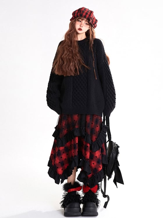 Plaid Pattern Red Handkerchief Hem Bowknots Skirt