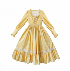 Yellow Plaid Bishop Sleeves One Piece High Waist Sweet Lolita Dress
