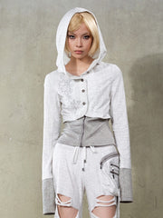 White Punk Y2K Rhinestone Hoodie Jacket with Gray Knit Hem