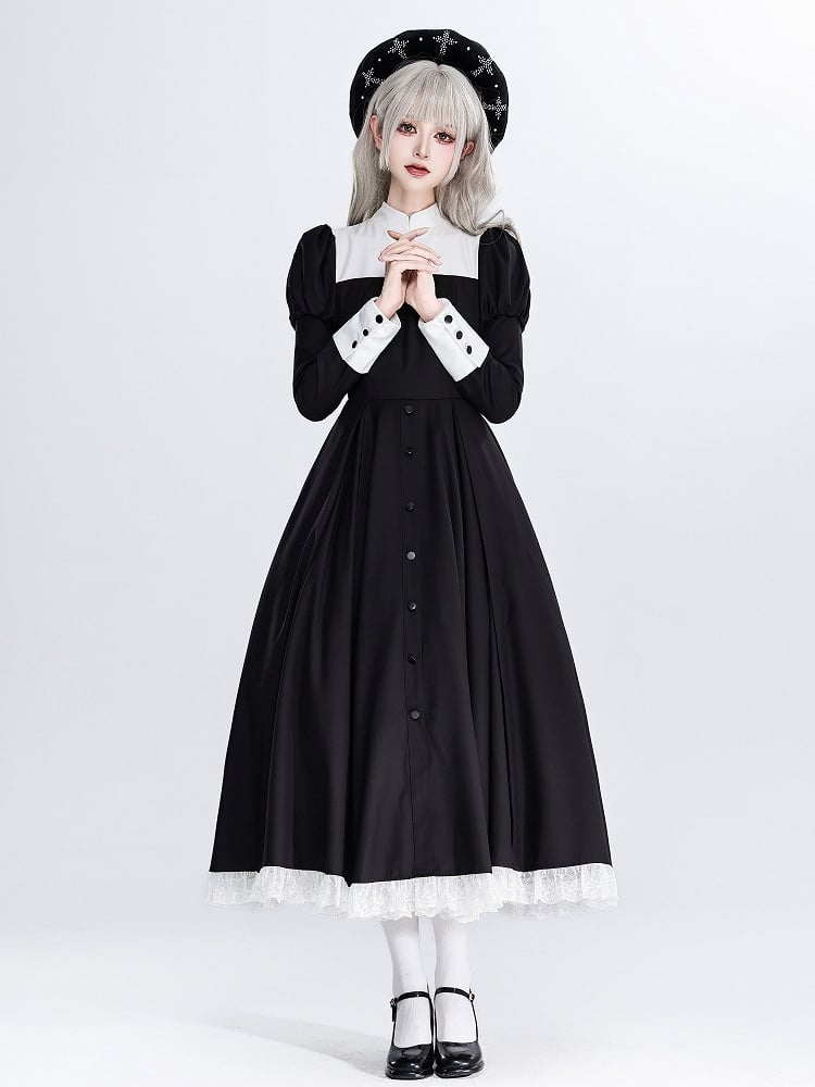 Black and White Mandarin Collar Maid Lolita Elegant Juliette Sleeves Dress with Pockets