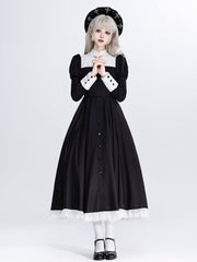 Black and White Mandarin Collar Maid Lolita Elegant Juliette Sleeves Dress with Pockets