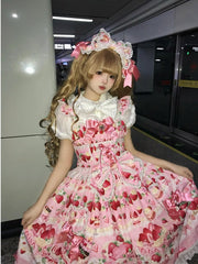 Pink Flutter Sleeves Strawberry Cake Print Sweet Lolita JSK Dress+Blouse+Bonnet+KC+Wrist Cuffs Full Set
