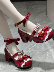 Wine Red Spoon Decorated Bowknot Details Sweet Lolita 5cm High Block Heels