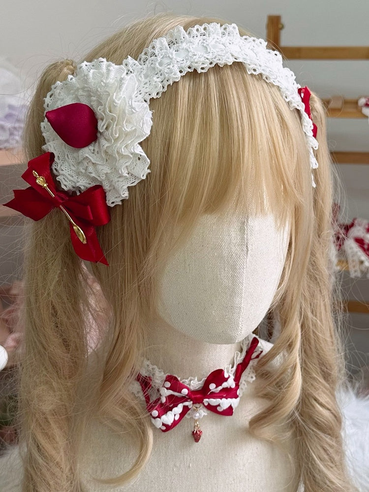 Sweet Lolita White Lace Hairband with Red Strawberry and Bowknot Decor
