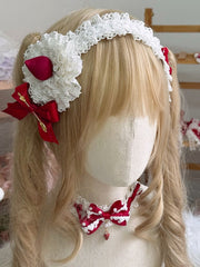 Sweet Lolita White Lace Hairband with Red Strawberry and Bowknot Decor