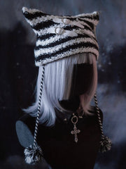 Heart Buckles Gothic Black and White Striped Knitted Hat with Chain