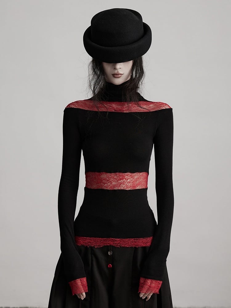 Urban Goth Black & Red Paneled Knit Long-Sleeve Top