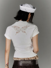 Y2K White Buckle Strap Neckline Butterfly Cutout Detail Back Shirt