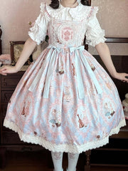 Bunny and Violin Print Blue High Waist Sweet Lolita Jumper Skirt