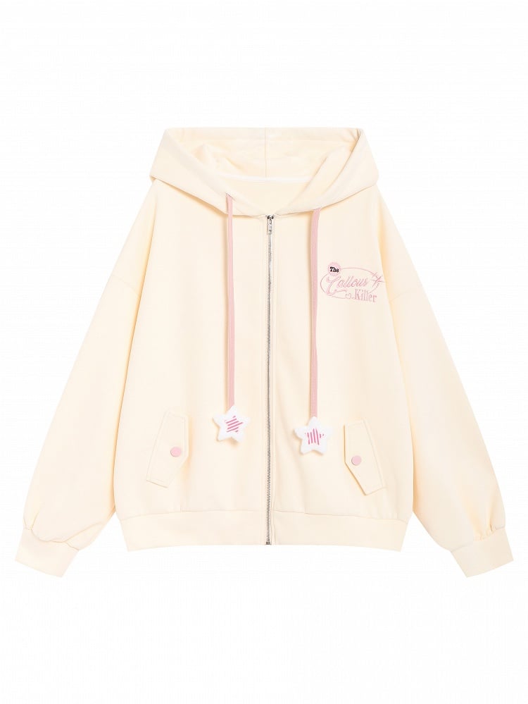 Yellow Hooded Jacket with Star Charm Drawstrings & Chest Letter Embroidery