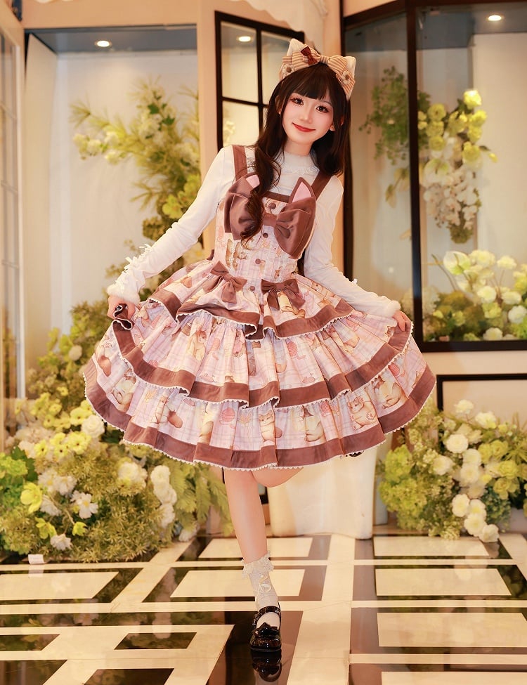 Adorable Fluffy Kitty Print Pink Sweet Dress Cat Ears Big Bow Bodice Lolita Jumper Skirt