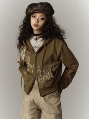 Green / Light Gray Hooded Jacket with Two-way Zip Placket and Drawstring Hood