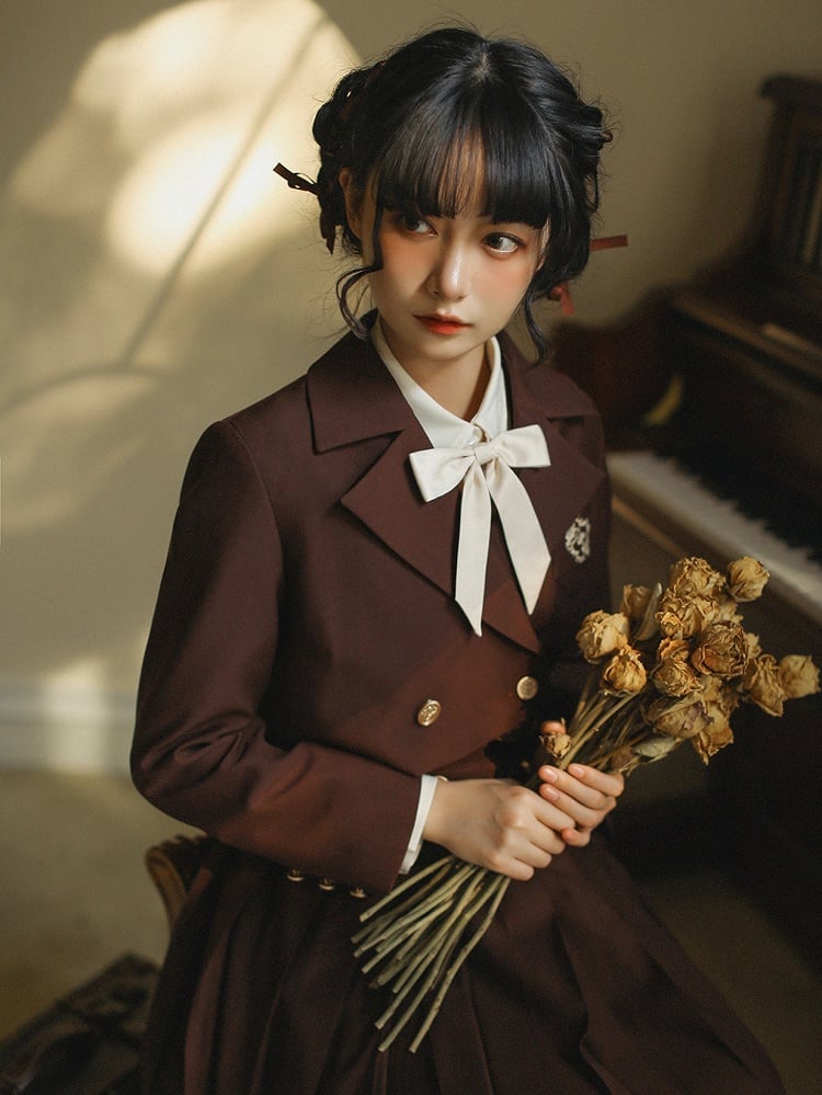 JK Uniform Brown Elegant Blazer with Dove Embroidery