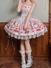 Strawberry and Cake Print Blue Cute Dress Sweet Lolita Jumper Skirt