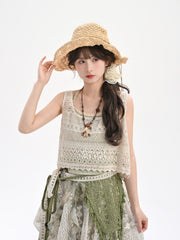 Floral Accent Hollow-Out Lace Beige Vest