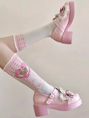 Pink Bear Print Bowknot Pattern Lolita White Calf Socks
