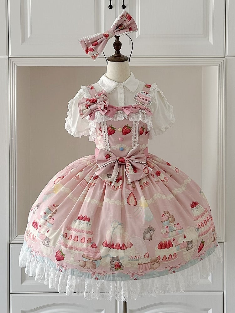 Strawberry Cake and Hamster Print Pink Sweet Lolita Dress
