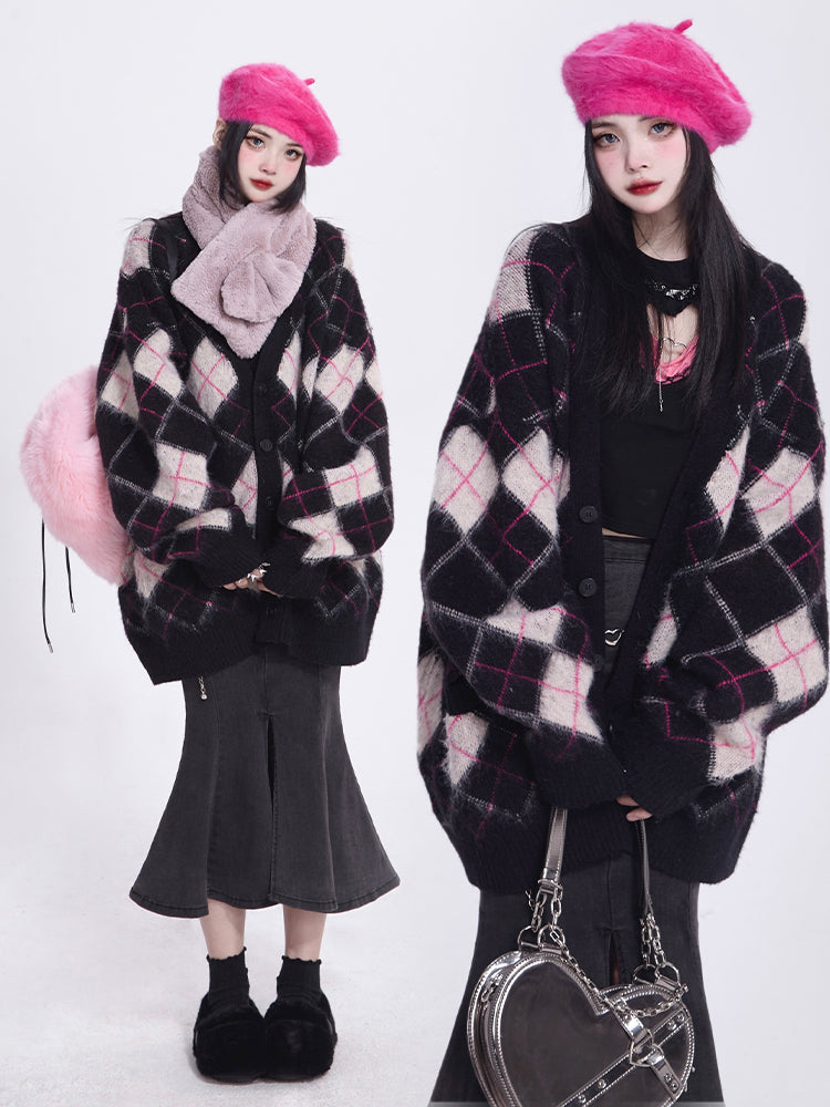 Vintage Black V-Neck Cardigan Faux Mink Knit/Brushed Version & Diamond Pattern