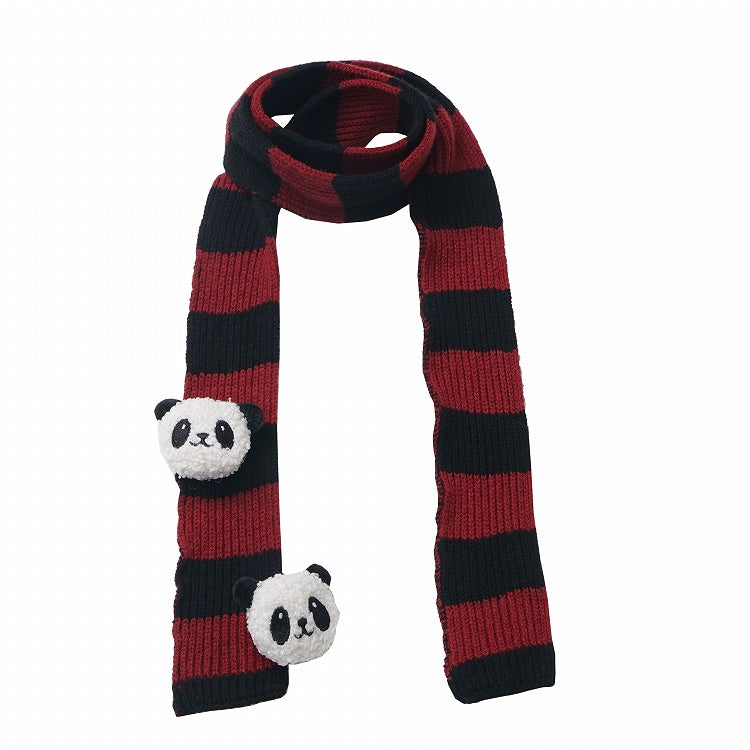 Red Striped  Pattern  Scarf with Panda Plushies