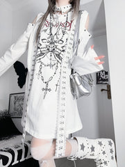White Emo Punk Cutout Shoulder Skeleton And Letter Print Long Sleeves Top