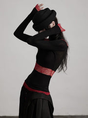 Urban Goth Black & Red Paneled Knit Long-Sleeve Top