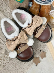 Star Details & Detachable Bow Accent Winter Sweet Lolita Brown PU Leather Platform Shoes