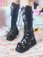 Studs and Skulls Decorated Punk Black Knee-high Boots
