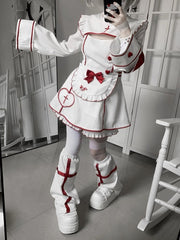 Yami Kawaii Halloween-themed Set: White Maid Dress with Red Heart Buttons & Cross Embroidery + Shorts