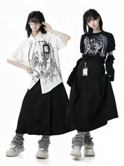 White Stripes Anime Girl Print Short Sleeves Shirt with Bow Tie