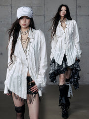 White Wasteland Punk V-Neck Distressed Blouse with Pintuck Pleats