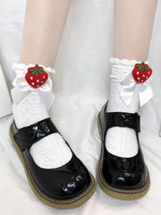 White/Creamy Yellow/Black Detachable Strawberry Bowknot Decorated Ruffled Cotton Socks
